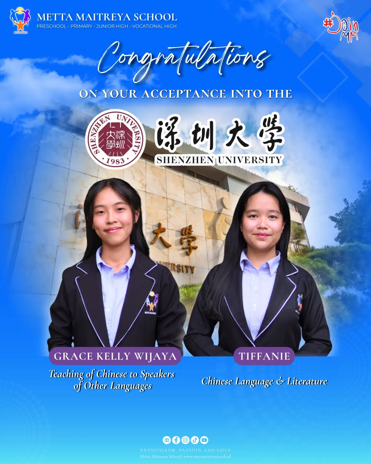 Congratulations to Grace Kelly Wijaya and Tiffanie on their outstanding achievement of being accepted into Shenzhen University